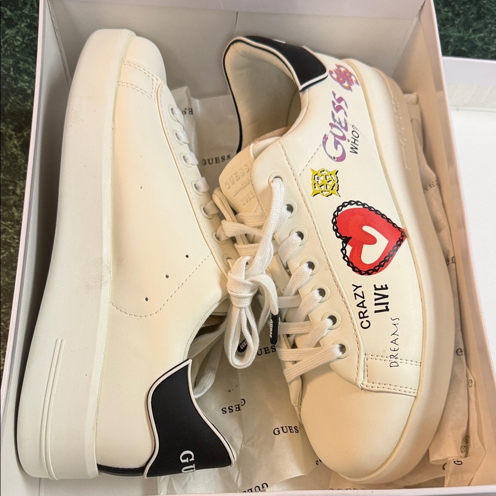 Guess White Sneakers with Red Heart and Black Heel Accents - Picture 3 of 5